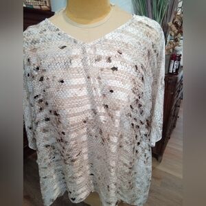 Simply Noelle Size OS Cream and Brown Textured Look Poncho/Kimono Sheer Blouse